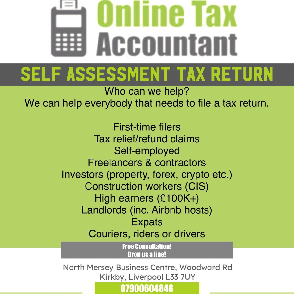 Self assessment tax return
Who can we help? 
￼
First-time filers
Tax relief/refund claims
Self-employed
Freelancers &amp; contractors
Investors (property, forex, crypto etc.)
Construction workers (CIS)
High earners (£100K+)
Landlords
Expats
Couriers or riders 
Free consultation