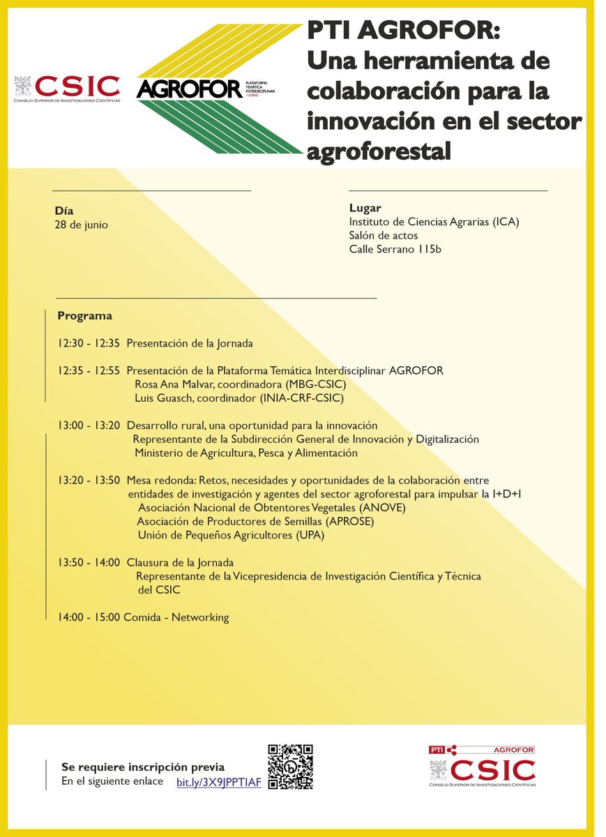 agroforcsic's tweet photo. 🔴PTI Agrofor: Una herramienta de colaboración para la innovación en el sector agroforestal🔴

📅28/06

Madrid
Salón de Actos ICA (C/Serrano 115b)

Destinado a empresas, asociaciones, universidades y agentes ligados a la producción agraria

Inscripción 👉https://t.co/3jI2fL7NNH https://t.co/1xg5xwv9wq