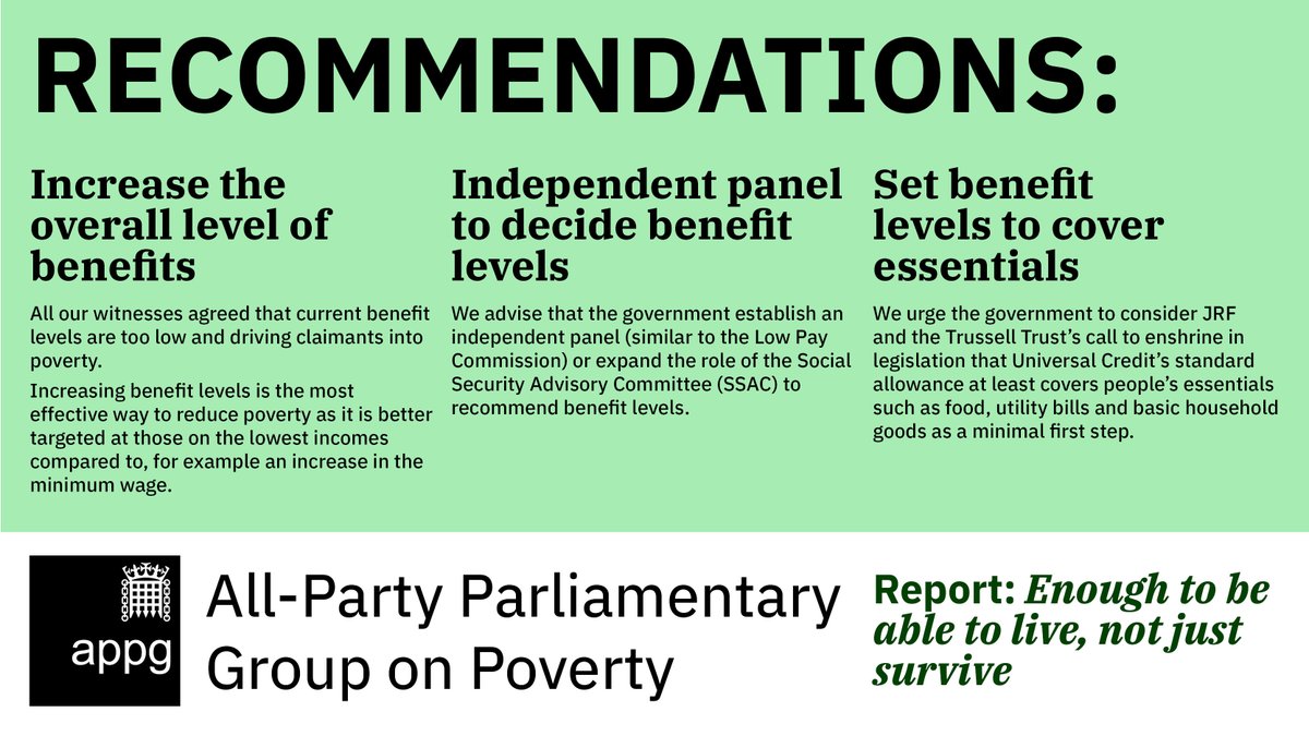 APPGPoverty's tweet image. Our 9 recommendations for government from our &apos;Enough to be able to live, not just survive&apos; report on the social security system. 

You can read the full report here:  
appgpoverty.org.uk/home-page/appg…