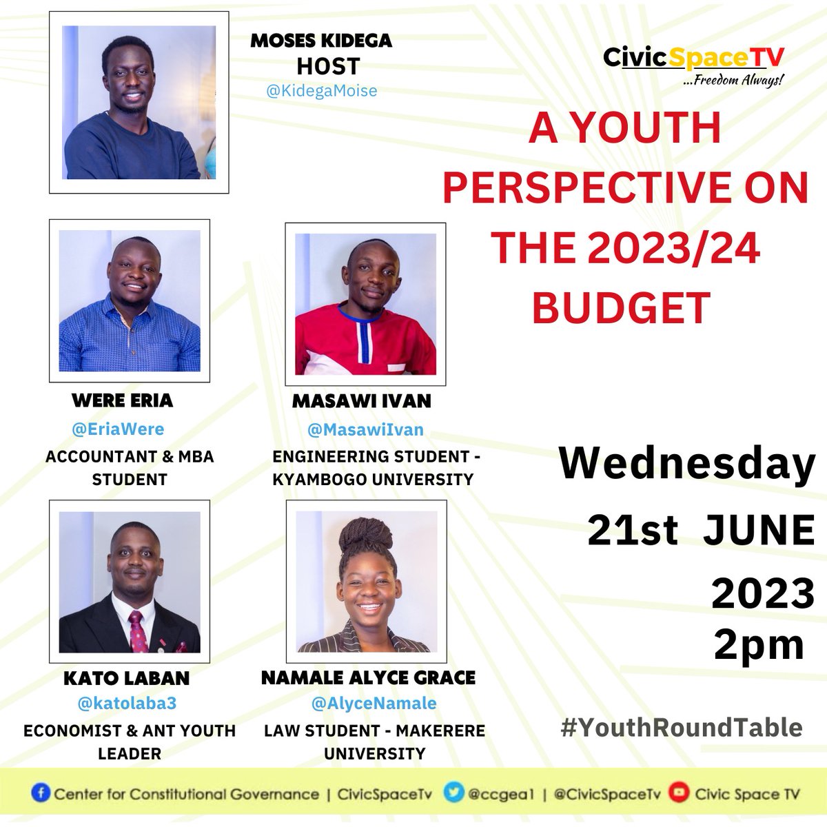 #YouthRoundTable on #CivicSpaceTV 'A Youth Perspective on the 2023/24 Budget. #KnowYourBudget23 ' 

📌WATCH:youtu.be/7_lKBoajHnQ 

@kidegaMoise @EriaWere @MasawiIvan @Katolaban3 @AlyceNamale @CivicSpaceTV