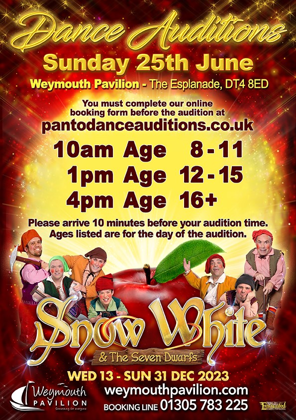 Calling all WEYMOUTH dancers!💃🕺 Panto dance auditions for SNOW WHITE & THE SEVEN DWARFS @weypavilion are on this Sunday 25th June! For more information see poster below... Before auditioning register your details at: pantodanceauditions.co.uk Good luck - we'll see you there!😀✨