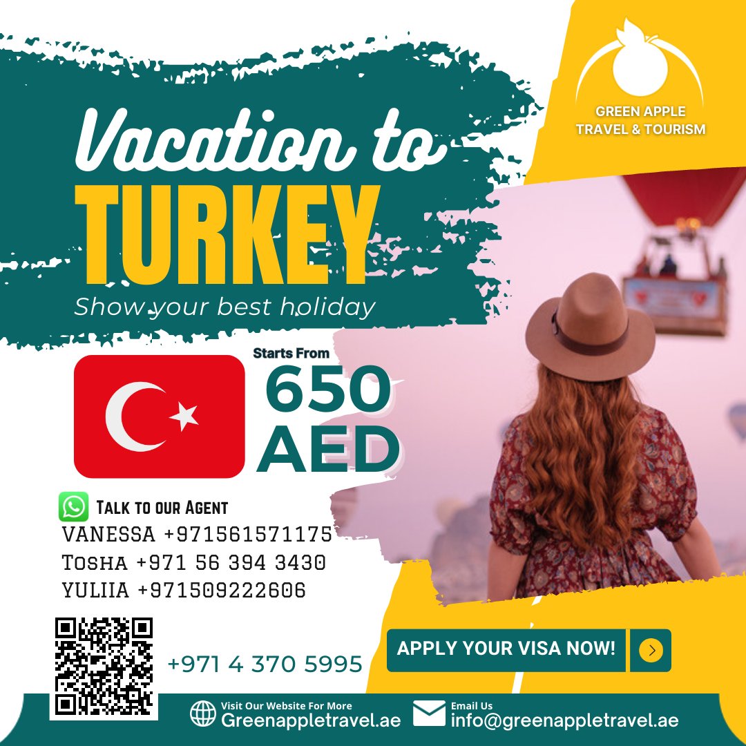 🌍🇹🇷 Explore the mesmerizing landscapes and rich culture of Turkey with Green Apple Travel & Tourism! 🕌🌅
📞 TOSHA: +971563943430
#GreenAppleTravel #TurkeyVisa #TravelAgency #VisaServices #TurkeyVisaApplication #TravelToTurkey #TravelWithEase