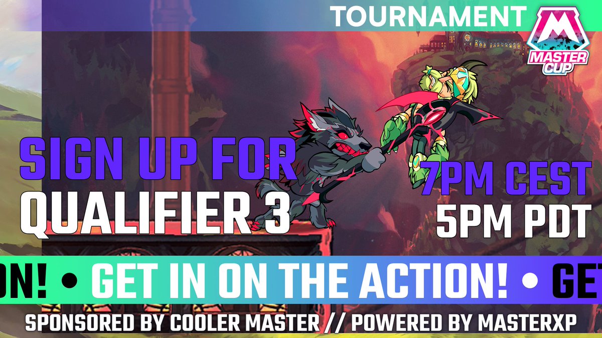 Last chance to get to your seat at @Brawlhalla  #MasterCup Tournament Finals' table. Qualifier 3 starts on 22nd of June at 7PM CEST (Europe) and 5PM PDT (NA). 

Sign up now 👉 bit.ly/3CcOpGf

Sponsored by @CoolerMaster 🔥
