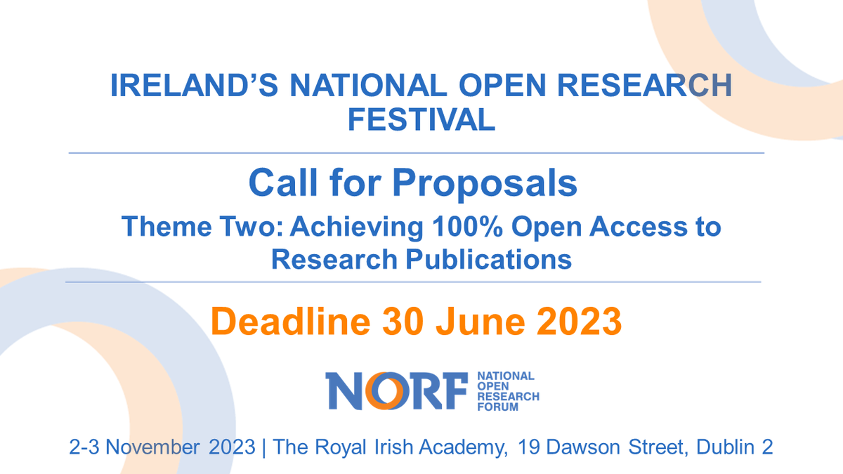 Are you working on an #OpenAccess project or initiative? We are inviting submissions to #NORFest2023 for lightning talks under Theme Two: Achieving 100% Open Access to Research Publications. More information: norf.ie/call-for-propo…
#OpenScience 
#OpenResearchIE