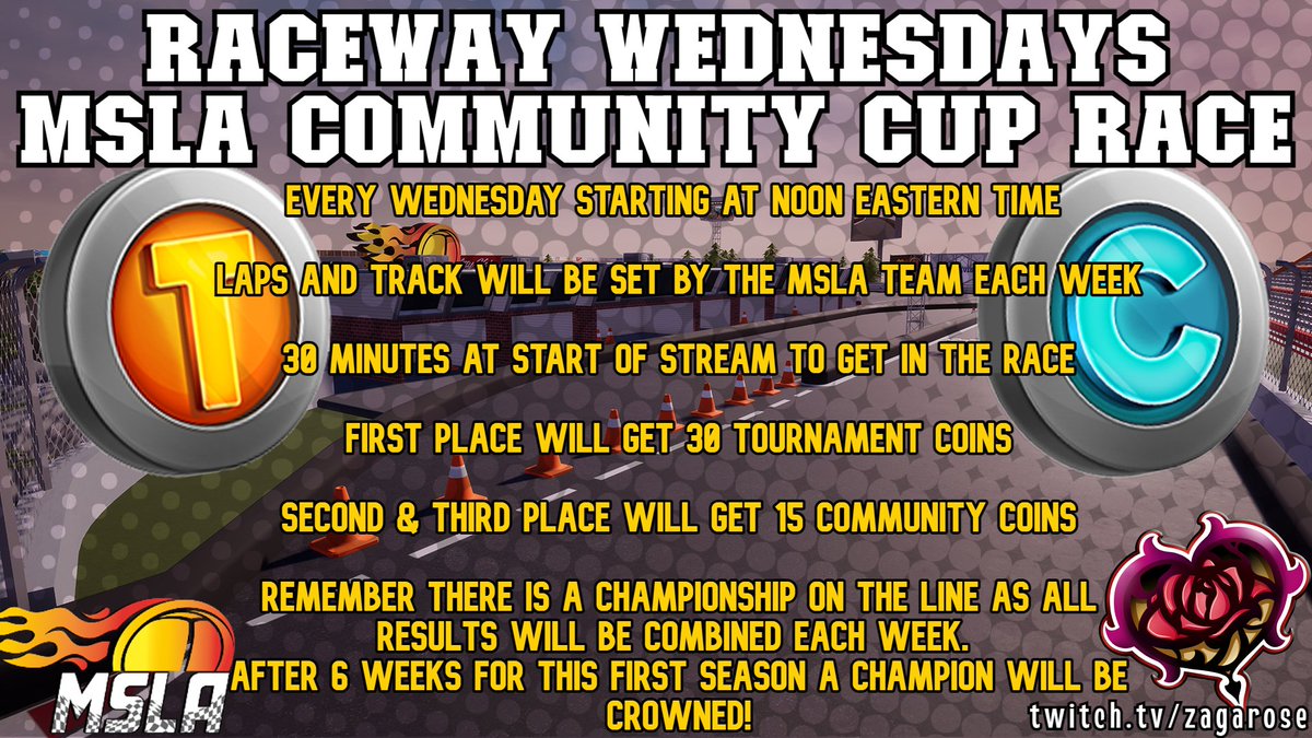 MSLARacing's tweet photo. Join @Zagarose1 for a Week 2 race in The MSLA Community Cup Series Wednesday June 21st, 12pm ET! 100 laps at The Boomerang! Who will win this 2nd race of the week?
https://t.co/9mkyLbW8m4
#MSLA #MarblesOnStream #Community #Series #Week2 #MSLARacing https://t.co/nZxjo4D39l