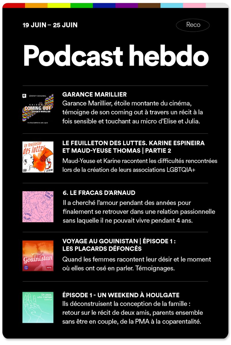 Spotify France (@spotifyfrance) on Twitter photo On écoute quoi cette semaine comme podcasts ?
🎬 Coming Out x <a href="/GaranceMarillie/">Garance Marillier</a>
🌈 <a href="/LgbtqiArchives/">Centre d'archives LGBTQI+ Paris IDF</a>
❤️🩹 <a href="/StudioBalado/">Studio Balado</a>
👩❤️💋👩 <a href="/Programme_B/">Programme B</a>
🫄 <a href="/SixtineLys/">Sixtine Lys</a>
À retrouver dans notre playlist #PodcastHebdo ➡️ spoti.fi/3nenSSq On écoute quoi cette semaine comme podcasts ?
🎬 Coming Out x <a href="/GaranceMarillie/">Garance Marillier</a>
🌈 <a href="/LgbtqiArchives/">Centre d'archives LGBTQI+ Paris IDF</a>
❤️🩹 <a href="/StudioBalado/">Studio Balado</a>
👩❤️💋👩 <a href="/Programme_B/">Programme B</a>
🫄 <a href="/SixtineLys/">Sixtine Lys</a>
À retrouver dans notre playlist #PodcastHebdo ➡️ spoti.fi/3nenSSq