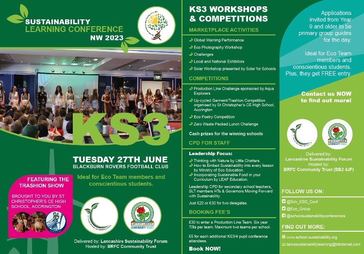 6 day to go before  Sustainability Learning Conference NW 27.06.23 <a href="/BRFCTrust/">Blackburn Rovers Community Trust</a> &amp; we've had a cancellation from a local school providing Y9+ Group Guides. Can any high school help out?
These places are free. Great learning opportunity <a href="/BCHSchoolEco/">BCHS Eco Hub</a> <a href="/acc_academy/">Accrington Academy</a> <a href="/ribbweb/">Ribblesdale School</a> <a href="/HuttonGS/">Hutton Grammar</a>