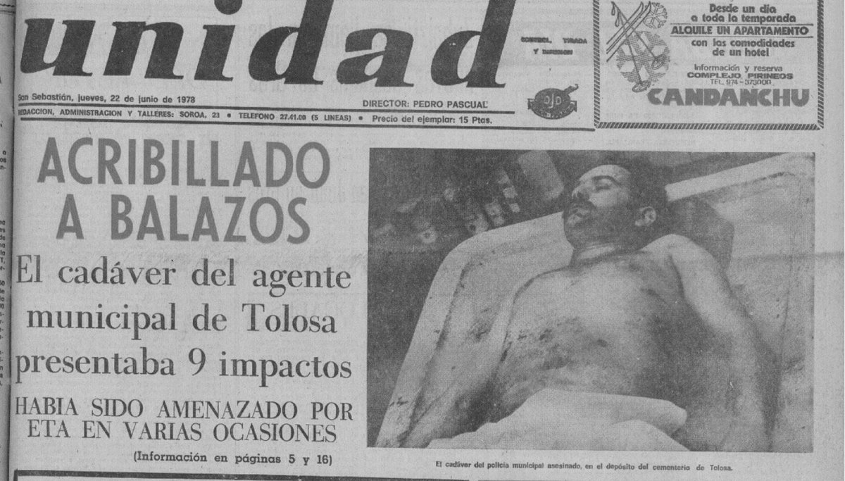 #TalDiacomoHoy 1978 #ETA acribilló con 14 tiros al conductor de la grúa municipal de #Tolosa Antonio García Caballero.
Había sido ya amenazado. Vino de Badajoz a trabajar para mandar dinero a su familia. Ni siquiera lo mataron por pensar diferente. Era de @CCOO 

HILO⤵️