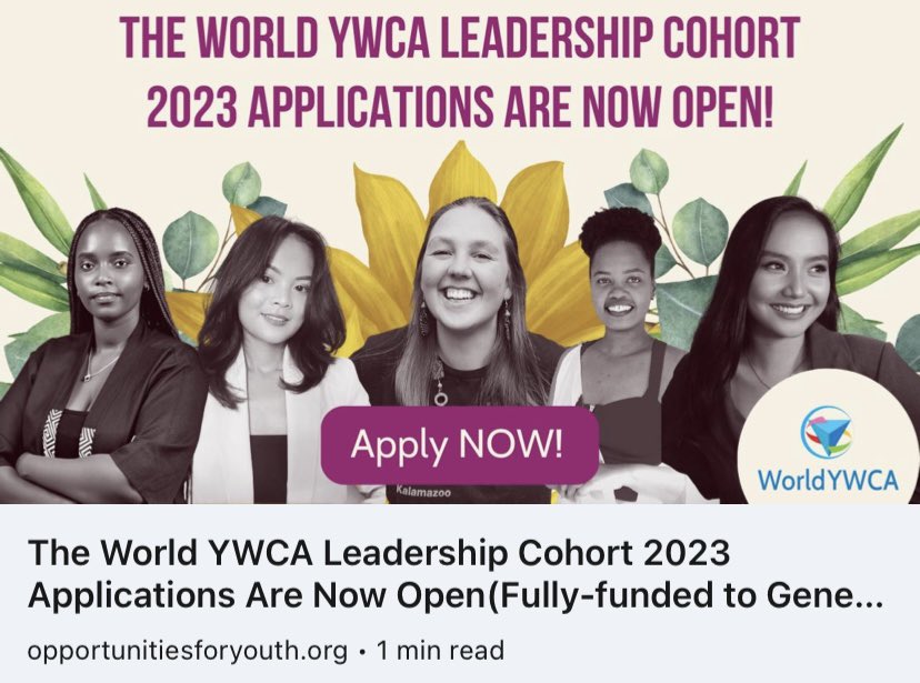 🌍 Calling all young women in the YWCA movement! 🌟 Join the World YWCA Young Women Leadership Cohort 2023📅 Deadline: June 25, 2023. Don't miss out! 
🔗 Click here for details: rb.gy/pu0yi
 #WomenLeaders #GenderEquality #YWCA #leadership #womenleadership #community