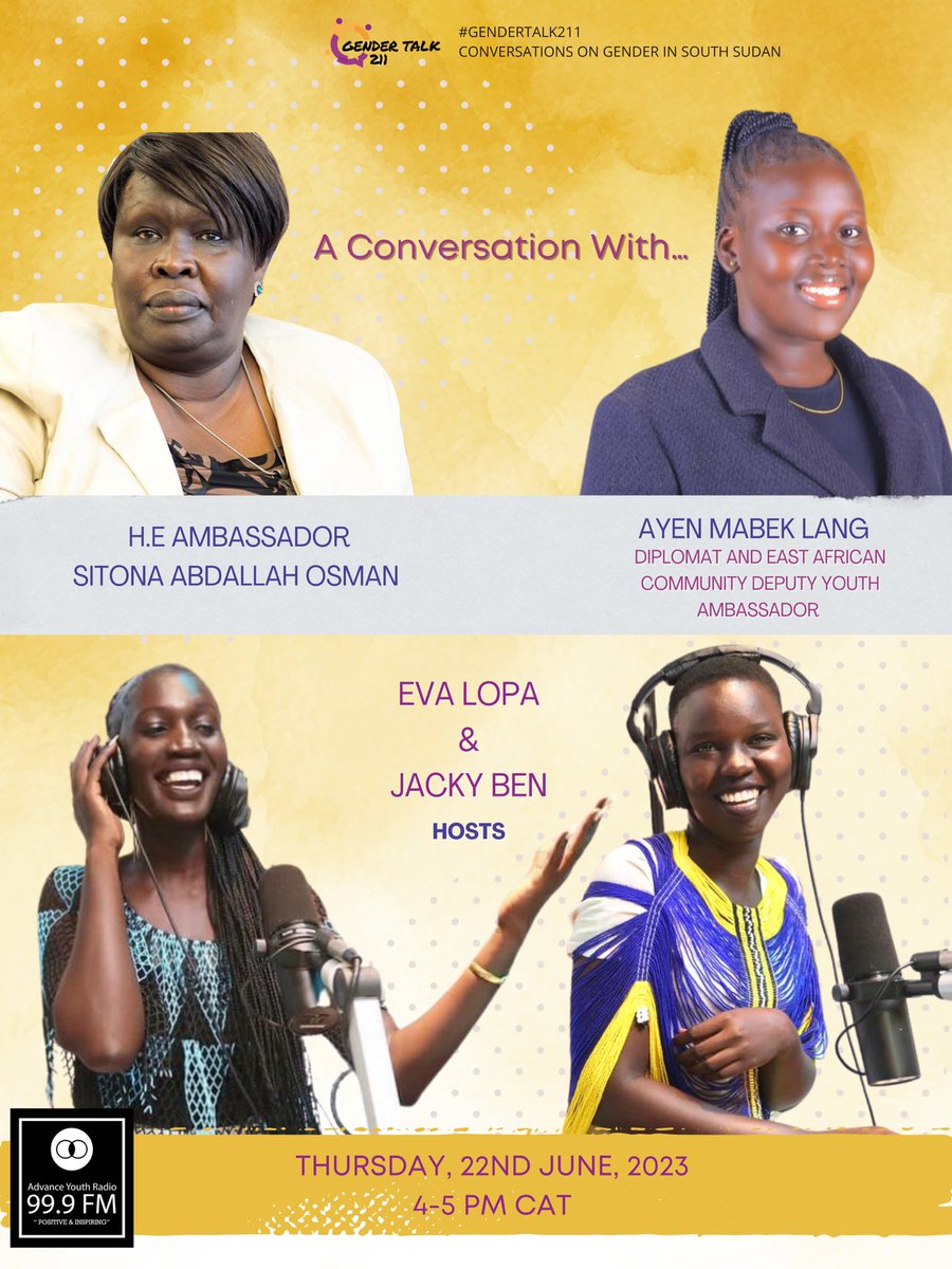 #SSOT
In honor of International Day of Women in Diplomacy, @Evalopa and Jacky Ben will host Amb. Sitona Abdallah Osman & young diplomat Ayen Mabek Lang tomorrow on Gender Talk 211 Radio. 

Tune in at 4:00PM CAT on Advance Youth Radio. https://t.co/4SXokFXqBj