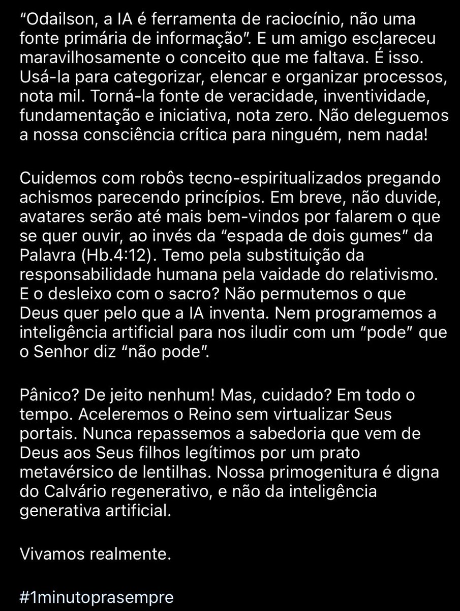odailson_ucb's tweet photo. … e sobre o prato de lentilhas da inteligência artificial? Tenha senso crítico em tudo. Tudo! Não delegue a sua primogenitura real. #UmMinutoPraSempre https://t.co/bBNd3DfSTA