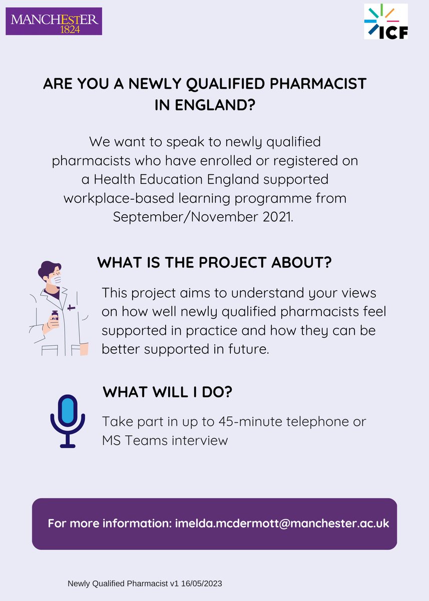 Are you a newly qualified #Pharmacist undertaking a workplace-based learning programme? The research team <a href="/OfficialUoM/">The University of Manchester</a> &amp; ICF would like to hear about your experience &amp; how you can be better supported. Contact <a href="/hippomanc/">Imelda McDermott</a> or email below for details. #PharmacyHour <a href="/EllenSchaf/">Ellen Schafheutle 🇪🇺</a>