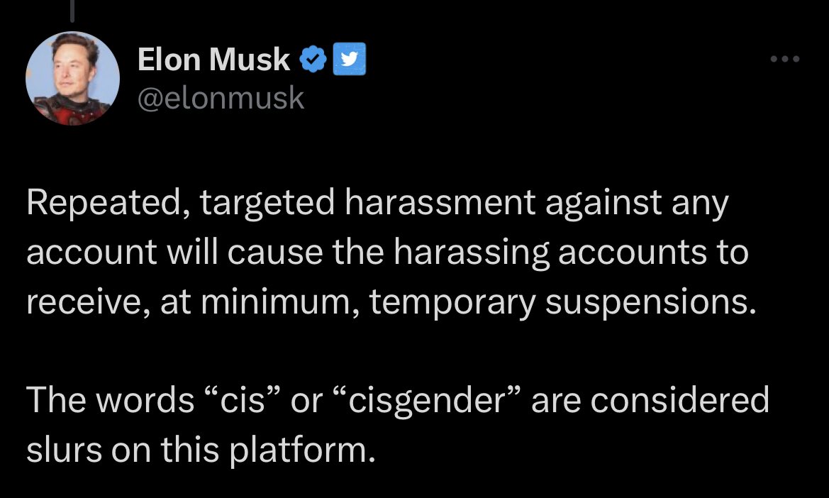 A reminder that the prefix 'cis' has been around for thousands of years and that Elon Musk is straight up openly pandering to transphobes and bigots now