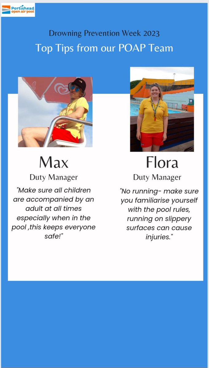It's day 3 of <a href="/RLSSUK/">Royal Life Saving Society UK - RLSS UK</a> #NationalDrowningPreventionWeek and here's todays instalment of our top tips from our staff - today it's the turn of two of our duty managers, Max and Flora.