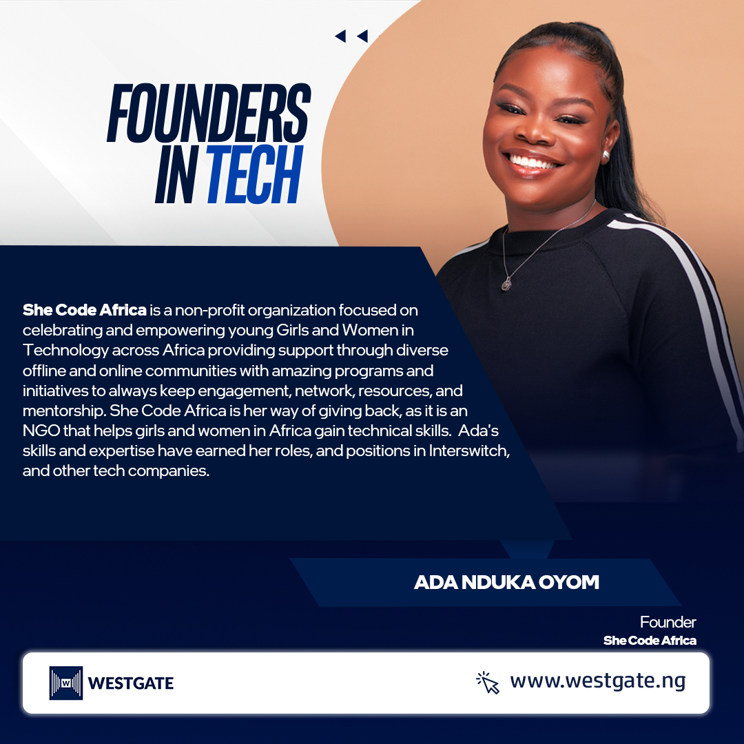 westgateng_'s tweet image. Ada Nduka Oyom 💻🌏

Today&apos;s edition of #foundersintech features Ada Nduka Oyom. Ada also known as Kolokodess is a name that is gaining increasing recognition within the African technology industry. As the founder of She Code Africa (SCA), she is a visionary leader.
.
.
(1/3)