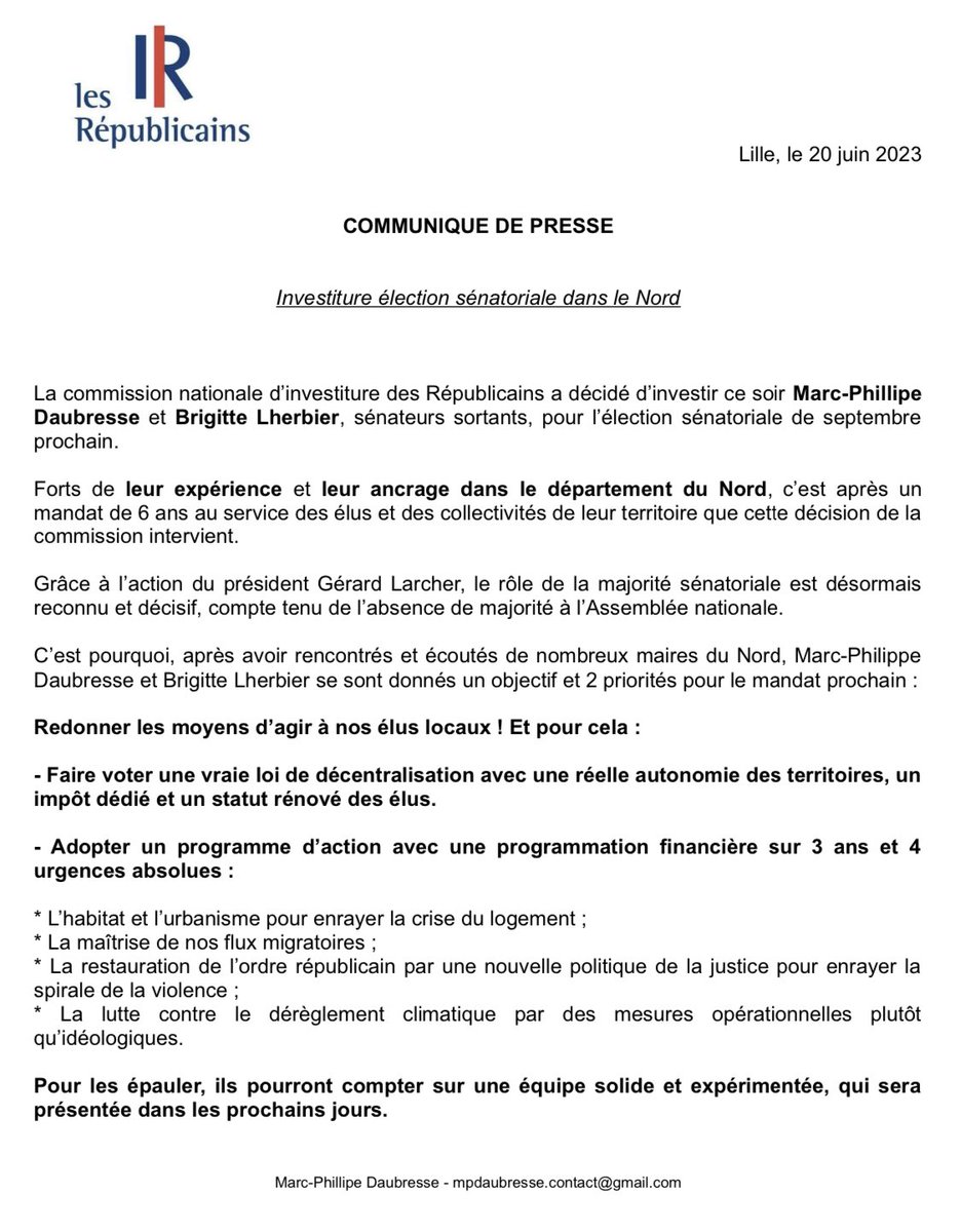✅ Très heureux de vous annoncer l’investiture <a href="/lesRepublicains/">les Républicains</a> pour la liste que j’ai l’honneur de conduire pour l’élection sénatoriale de septembre 2023 avec ma collègue et complice Brigitte Lherbier. 

➡️ Retrouvez ici notre communiqué 👇🏻

<a href="/lesRep_Senat/">Les Républicains Sénat</a>