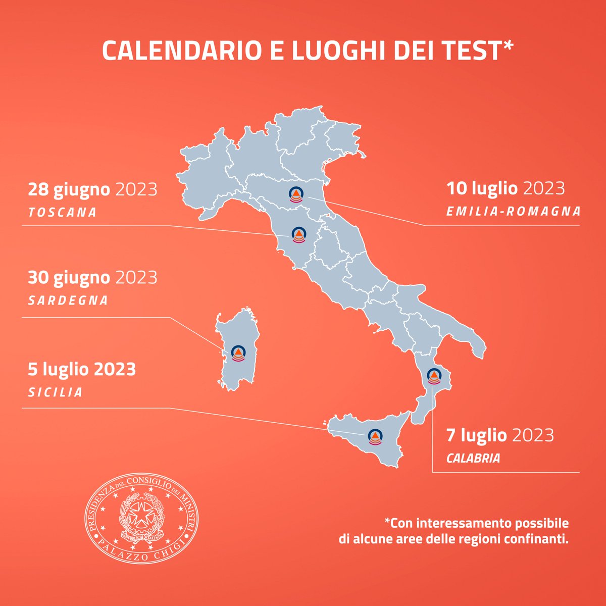 🔔 Dal #28giugno partiranno le attività di test di #ITalert 👉 Scorri le immagini per sapere quali sono le prime cinque regioni interessate.  
🔵 Entro la fine dell’anno tutto il territorio italiano verrà coinvolto nella sperimentazione.  
#21giugno