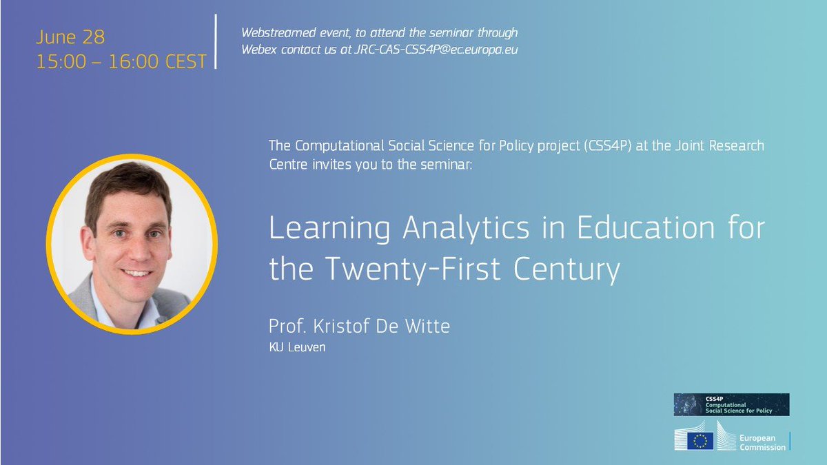 Serena Signorelli (@sere_signorelli) on Twitter photo Next Wednesday, June 28 at 15:00 CEST you can join our fifth #CSS4P seminar on "Learning Analytics in Education for the Twenty-First Century" by Prof. <a href="/DeWitteK/">Kristof De Witte</a>.
You can follow the seminar here: europa.eu/!MMGYk4
More info at europa.eu/!MWJGrX
#CSS #education Next Wednesday, June 28 at 15:00 CEST you can join our fifth #CSS4P seminar on "Learning Analytics in Education for the Twenty-First Century" by Prof. <a href="/DeWitteK/">Kristof De Witte</a>.
You can follow the seminar here: europa.eu/!MMGYk4
More info at europa.eu/!MWJGrX
#CSS #education