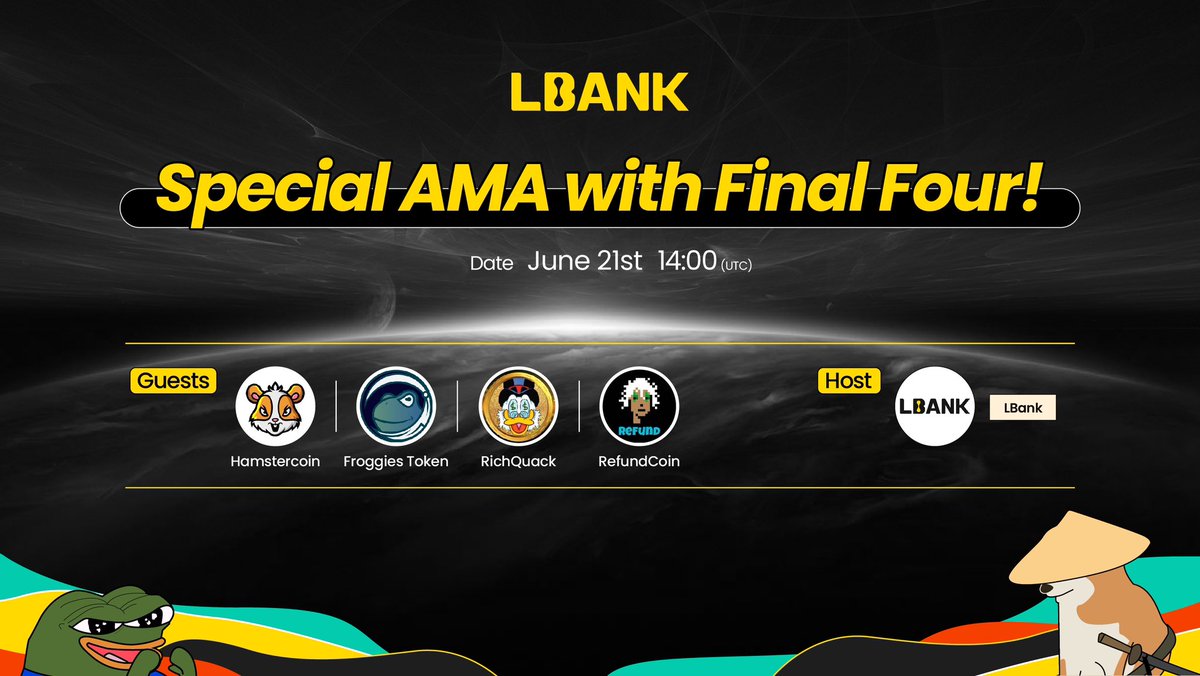 📣 Exciting Announcement! 

🎉 Join us for a special Twitter Space hosted by <a href="/LBank_Exchange/">LBank.com</a>, featuring the Final Four of our campaign! 🚀🔥

🗓️ Date: Today
⏰ Time: 2PM UTC
🎙️ Speakers: <a href="/_hamster_coin/">HAMSTER COIN</a> <a href="/RichQuack/">QUACK</a> <a href="/RefundCoinETH/">ReFund</a> <a href="/FroggiesToken/">Froggies Token Official © - CTO</a> 

Mark your calendars👉