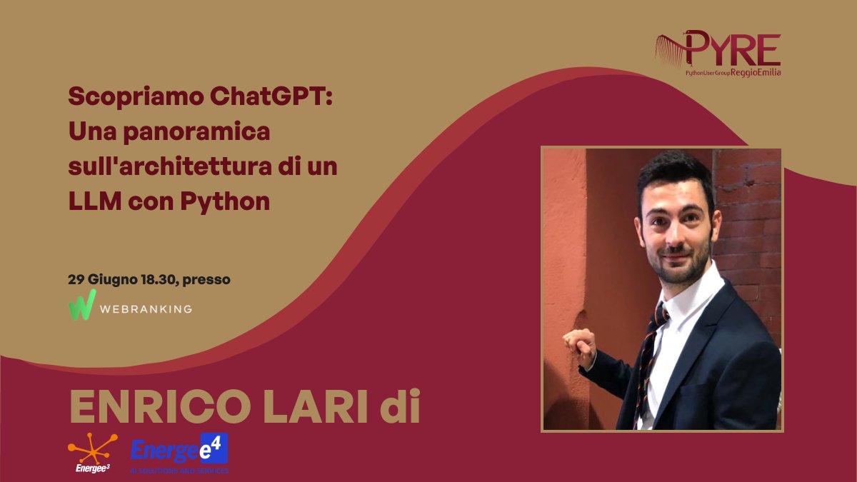 pyrecommunity's tweet photo. 🎉 Pythonisti a Reggio Emilia! Il primo Meetup di #PyRE è qui!
Il 29 Giugno, ore 18:30, a @wr_it . Non perderti il talk di Enrico Lari Data Scientist @energee3 su #ChatGPT e l'architettura dei LLM con Python.
Iscriviti qui https://t.co/9NahSBnacW!
🐍💻📍#PythonReggioEmilia https://t.co/UUyXMbEhxD