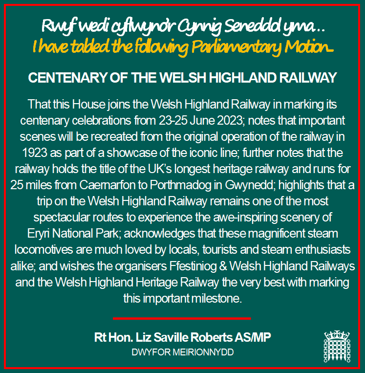 LSRPlaid's tweet image. Congratulations @festrail (Welsh Highland Rly) on their upcoming centenary celebrations. The UK's longest heritage railway which runs 25 miles from #Porthmadog to #Caernarfon. I look forward to join celebrations this weekend.   

edm.parliament.uk/early-day-moti…

#WelshHighlandRailway