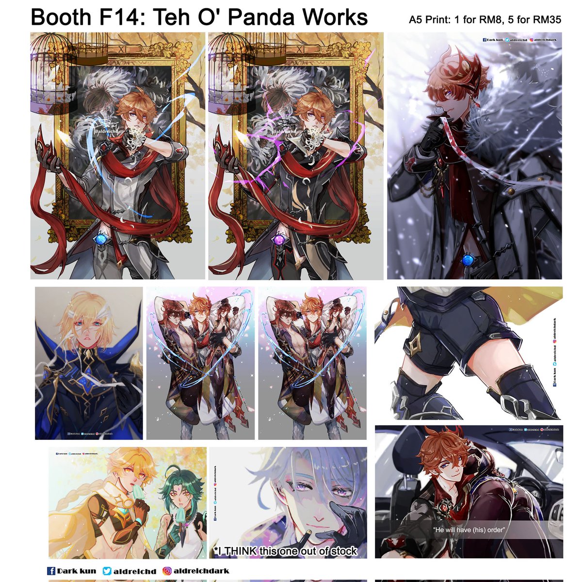 My catalogue for Anime Fest at IOI CITY MALL (Putrajaya branch)! Part 1/2  They will be in a folder at friend's booth, F14: Teh O Pandaworks   Please note that some prints will not be reprinted again for events once they sold out   #animefestioicitymall #genshinimpact #dgrayman