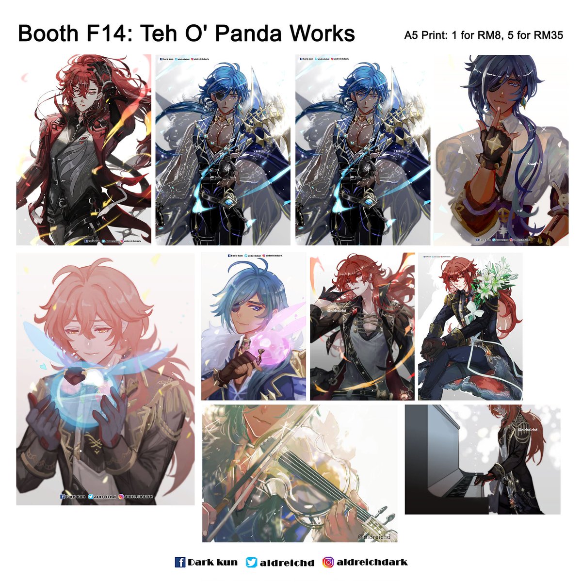 My catalogue for Anime Fest at IOI CITY MALL (Putrajaya branch)! Part 1/2  They will be in a folder at friend's booth, F14: Teh O Pandaworks   Please note that some prints will not be reprinted again for events once they sold out   #animefestioicitymall #genshinimpact #dgrayman