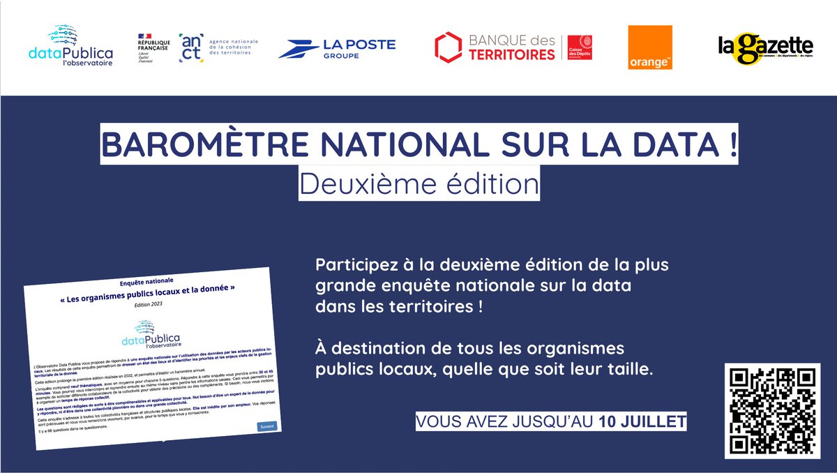 🚨 DEUXIÈME ÉDITION DE L’ENQUÊTE DATA & TERRITOIRES L’@Obs_DataPublica relance sa grande enquête auprès des acteurs publics locaux. Quelle que soit la taille de votre organisation ou son niveau de maturité sur le sujet, prenez le temps de répondre ! ➡️ observatoiredatapublica.limesurvey.net/396597