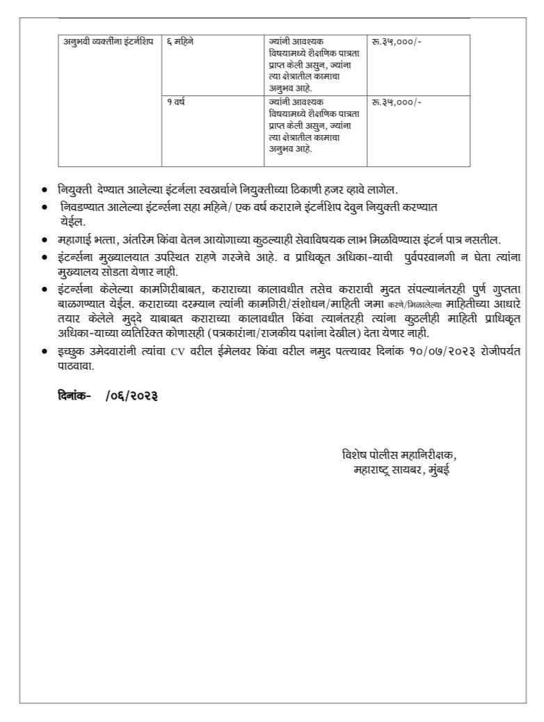 Opportunity for Paid-internship at Maharashtra Cyber.
Go through advertisement given below for details.