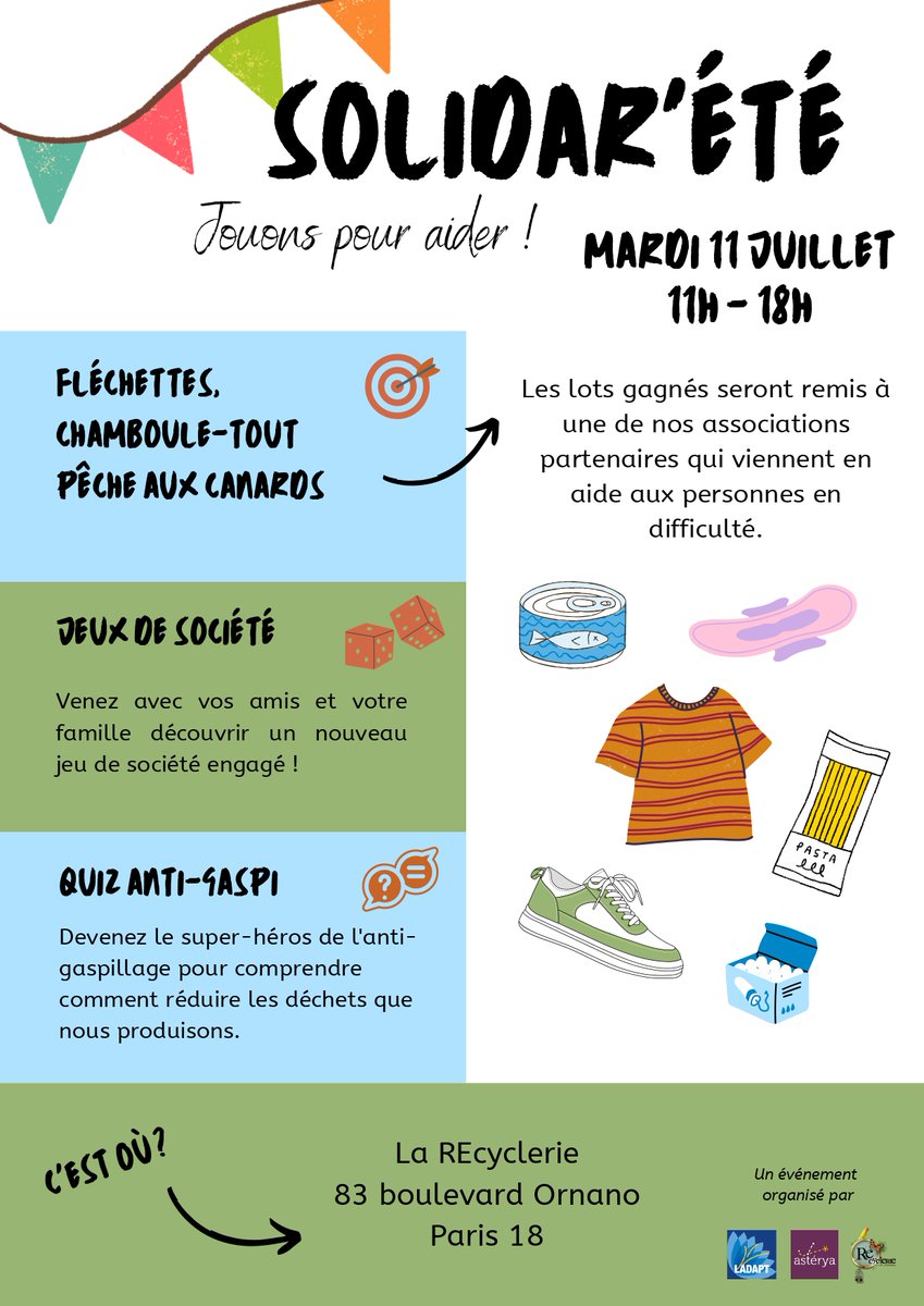 📢Le mardi 11 juillet de 11h à 18h se déroulera à <a href="/LaRe_cyclerie/">La REcyclerie</a> la journée « SOLIDAR’été : jouons pour aider », organisée avec les associations ADAPT et <a href="/Asterya_/">Asterya</a> !

👉Évènement estival et convivial pour sensibiliser tout public à la solidarité, à la lutte contre le gaspillage.