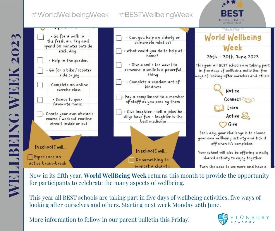 EtonburyAcademy's tweet photo. World Wellbeing Week starts next Monday 26th June. ETA staff and students will be taking part in various acitivities throughout the week.
#WorldWellbeingWeek
#BESTWellbeingWeek
#ETA https://t.co/4Z6TJFzdKG