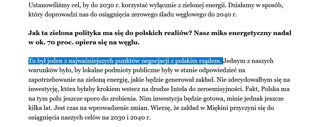 bpaszcza's tweet photo. (7/n) Ekologicznie: Zakłady Intela do 2030 mają pracować w 100% na zielonej energii. Prezes: było to jednym z najważniejszych punktów negocjacji z 🇵🇱 rządem.
OZE mają ogromne znaczenie dla lokowania zaawansowanych inwestycji, jedziesz z koksem @jakubwiech i @KlubJagiellonsk ;) https://t.co/q4XDtmqgae