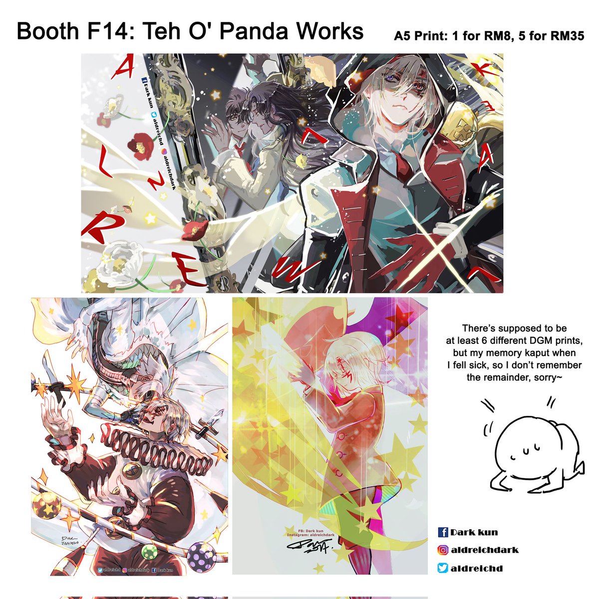 My catalogue for Anime Fest at IOI CITY MALL (Putrajaya branch)! Part 2/2 They will be in a folder at friend's booth, F14: Teh O Pandaworks Please note that some prints will not be reprinted again for events once they sold out #animefestioicitymall #genshinimpact #dgrayman