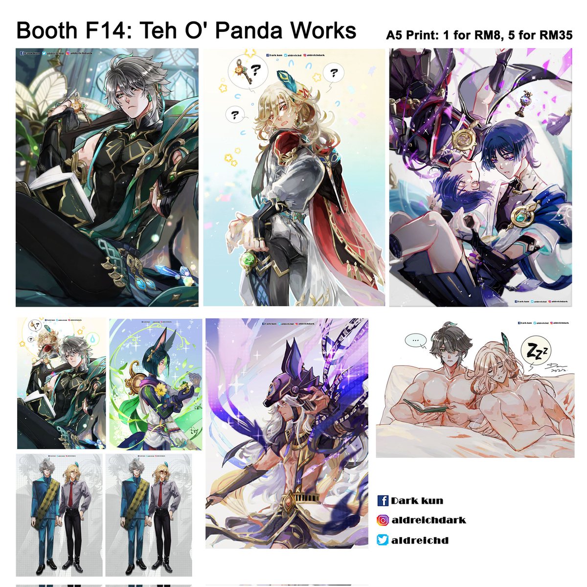 My catalogue for Anime Fest at IOI CITY MALL (Putrajaya branch)! Part 2/2 They will be in a folder at friend's booth, F14: Teh O Pandaworks Please note that some prints will not be reprinted again for events once they sold out #animefestioicitymall #genshinimpact #dgrayman