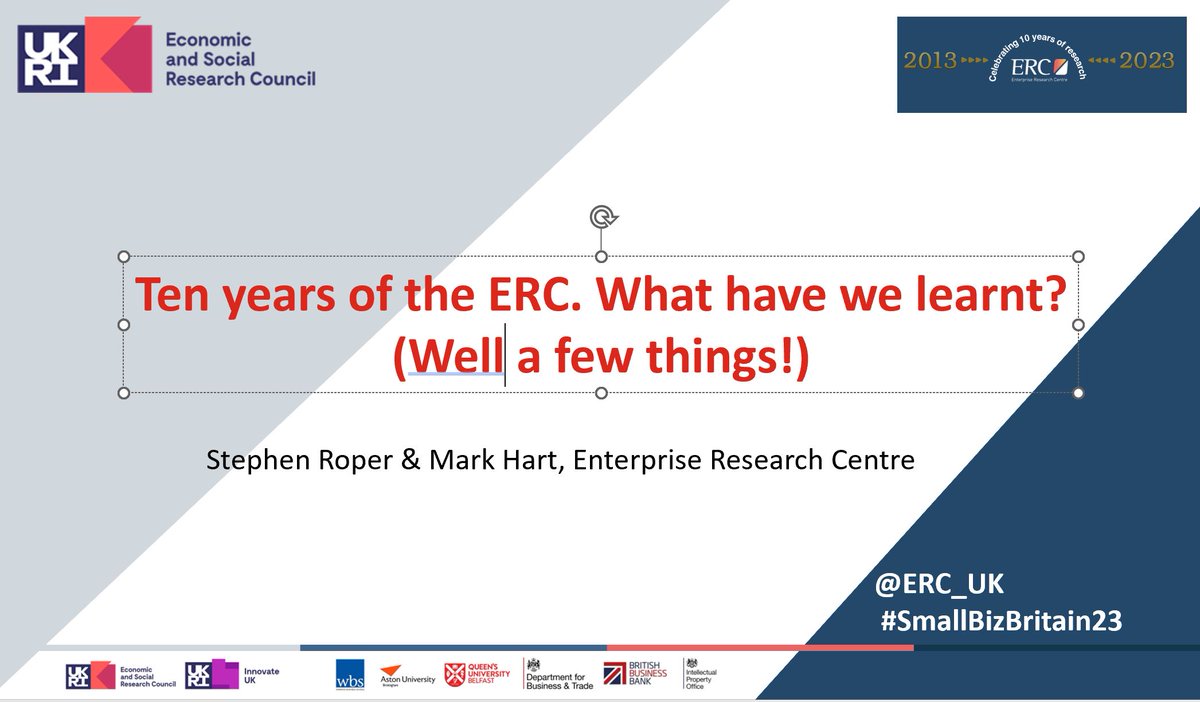 After a welcome by our Chair @janegalsworthy, ERC’s @SteveRop and Mark Hart are first up at today’s #SmallBizBritain23. They are asking the question what have we learnt in a decade of SME research at the ERC? Quite a few things as it turns out!🧵