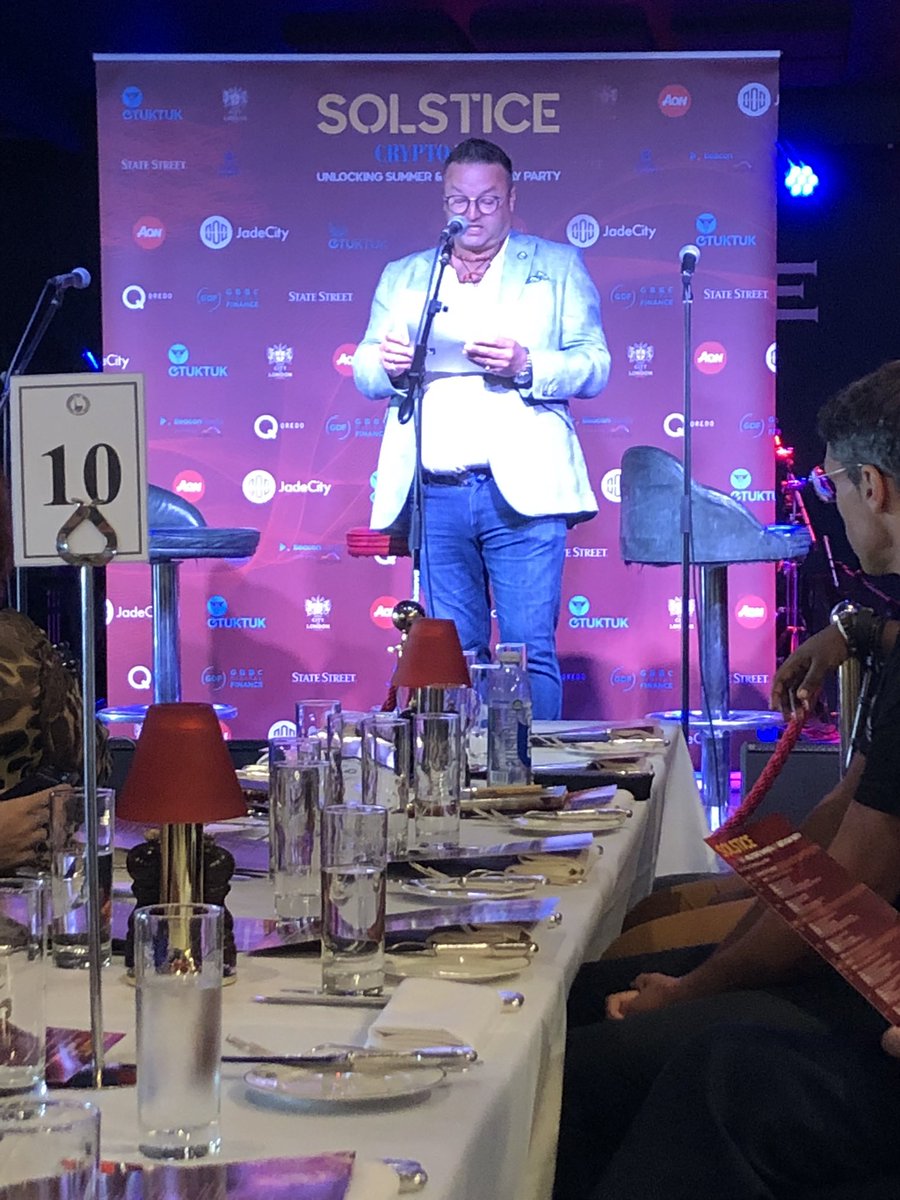 GibFinance's tweet photo. James Bowater @CityAM_Crypto opening the 5th birthday celebration for #CryptoAM in @boisdaleCW in @CanaryWharf Lindon https://t.co/CTaSRVr8JQ