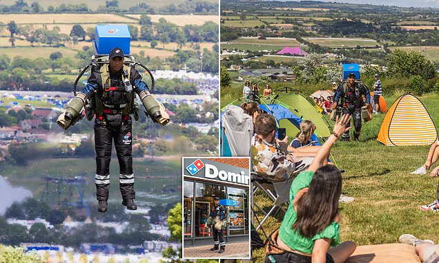 DailyMail's tweet photo. Domino's announces pizza delivery to Glastonbury - by JET SUIT https://t.co/ffcvTMIqC4 https://t.co/44OY5BwKN4