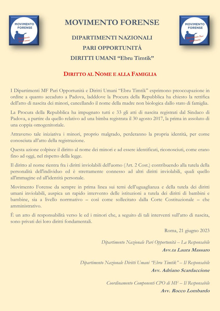 Movimento Forense #comunicatostampa #dipartimenti #nazionali #pariopportunità #dirittiumani #diritto al #nome e alla #famiglia @alalumia @MCesali @AScardaccione @radiotribunale @roccolomba