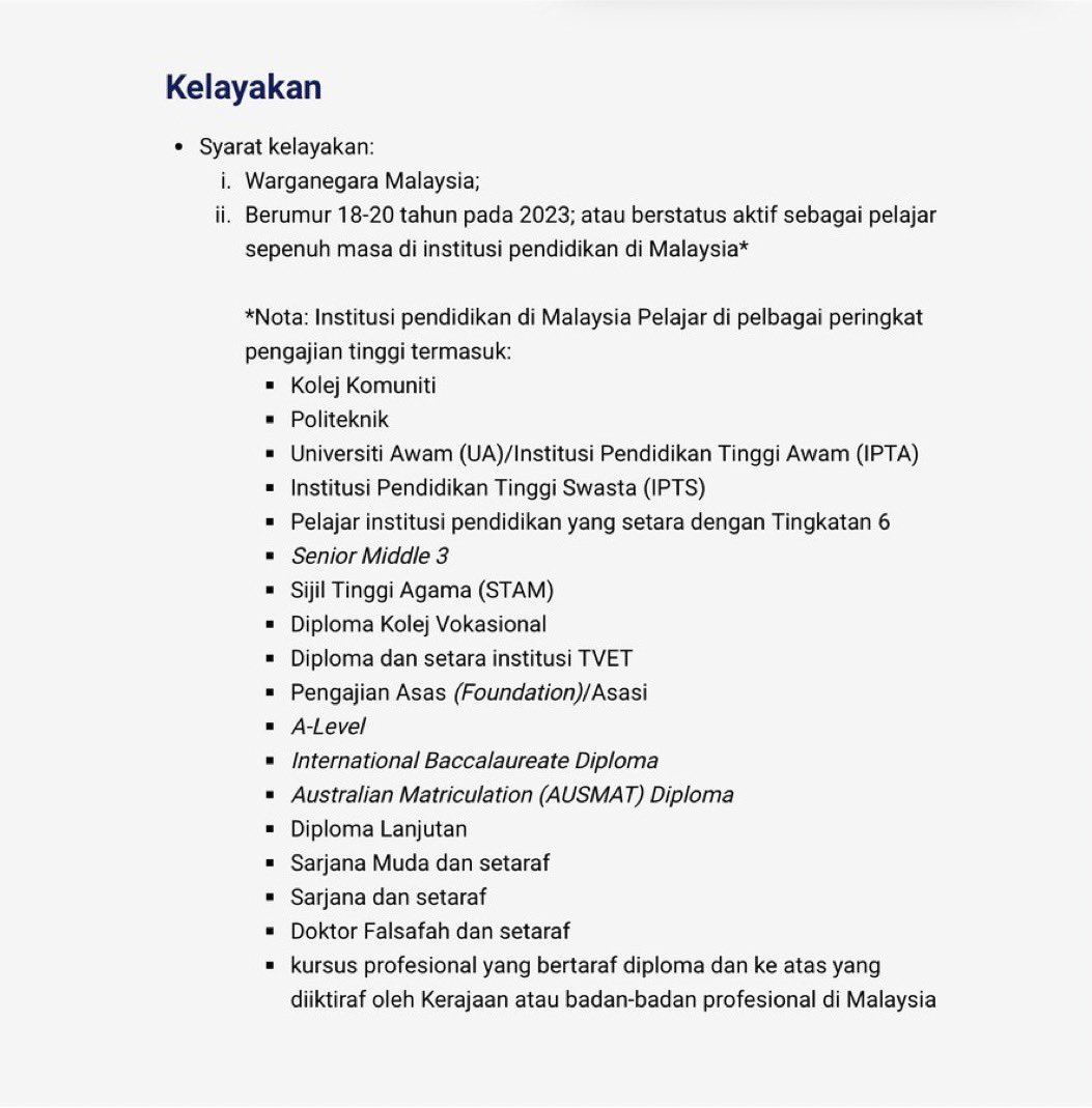 Bantuan E-Tunai Belia Rahmah (RM200) kini boleh ditebus bermula 26 Jun ini.

Golongan belia berumur 18-20 tahun atau penuntut Institusi Pengajaran Tinggi (IPT) layak menerima bantuan ini.

Penebusan (RM200) boleh dibuat melalui Boost, Setel dan TNG eWallet.

Korang layak ke tu?