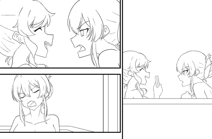 唯ちゃんと美嘉ねえが一緒の風呂に入っている漫画描いてる。 