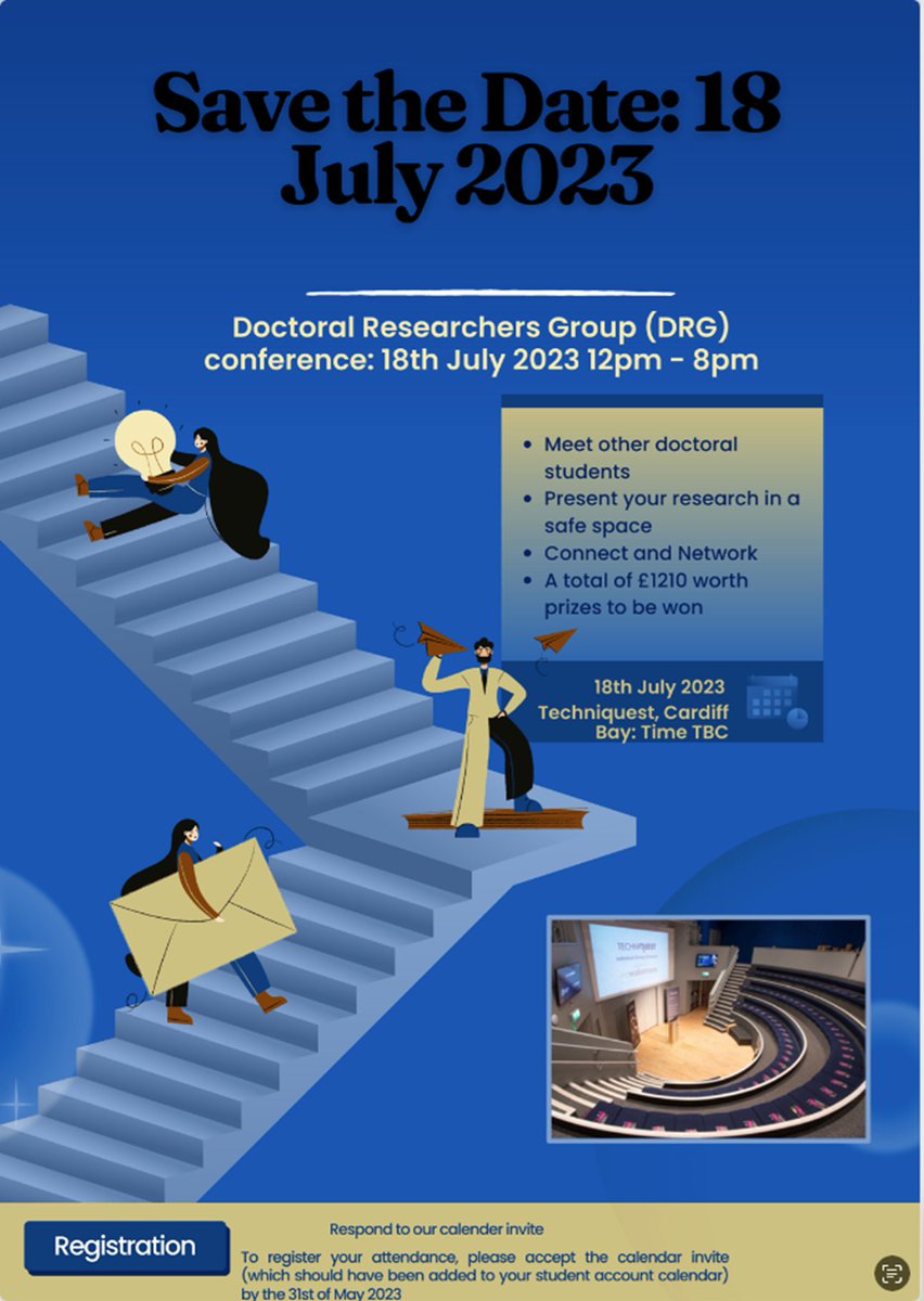 Please complete the participation and attendance registration form before 28 June for the Doctoral Researchers Conference 2023 which will take place on the 18th of July 2023 at Techniquest (Cardiff) between 12 pm – 8 pm.  forms.gle/Dg3ezvtdJrhYns…