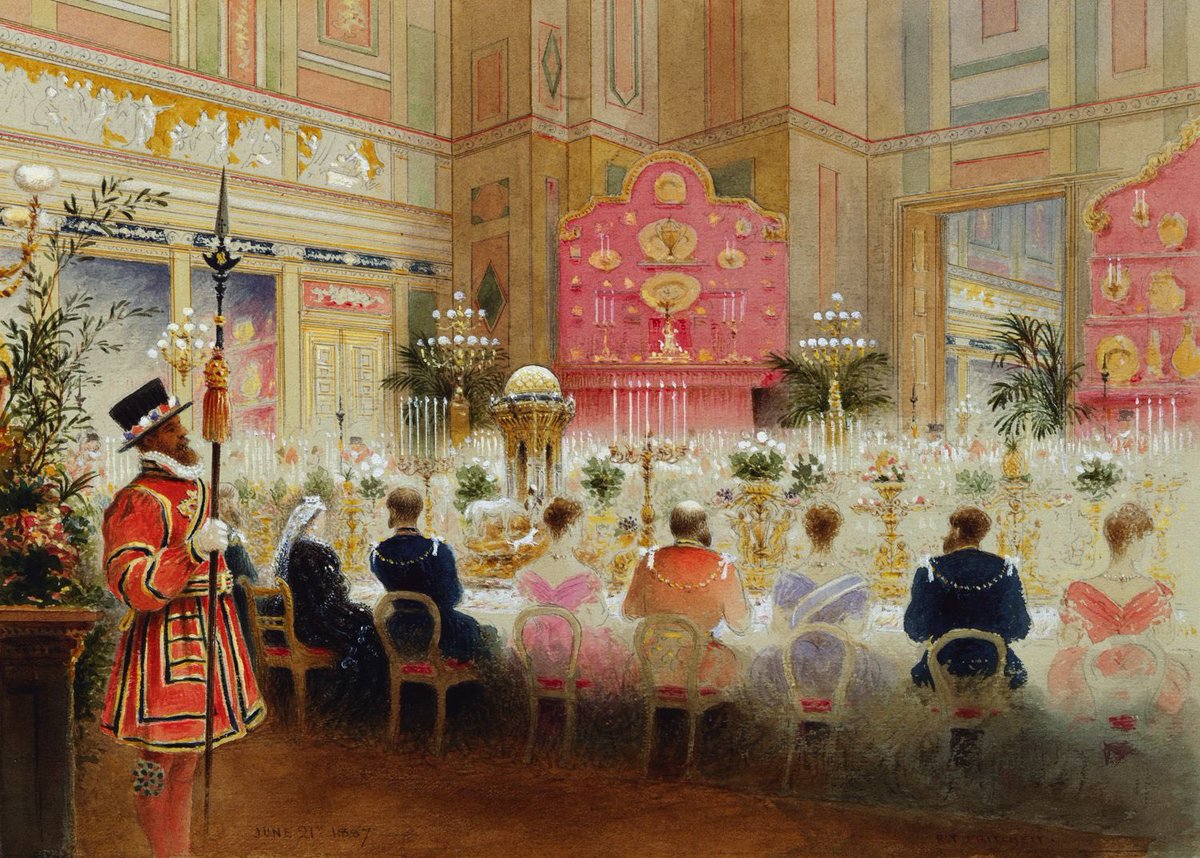 #OTD 136 years ago. On 21 June 1887, Queen Victoria hosted The Golden Jubilee State Banquet in the Ball Supper Room to mark the 50th anniversary of her accession at Buckingham Palace.

On her right was King Christian IX of Denmark, and King Leopold II of Belgium on the left.