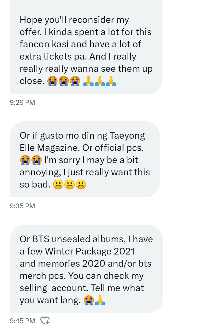 hello naman sayo dyan @helloyiyin

exposing thread on how this user bogused me nang malaman niya na nanalo yung ticket ko sa media conference ng djj

kagabi, nag-dm siya na she'll offer merchs and dc kasi nga nanalo yung ticket na nireserve sakin at nakapag-dp na rin ako