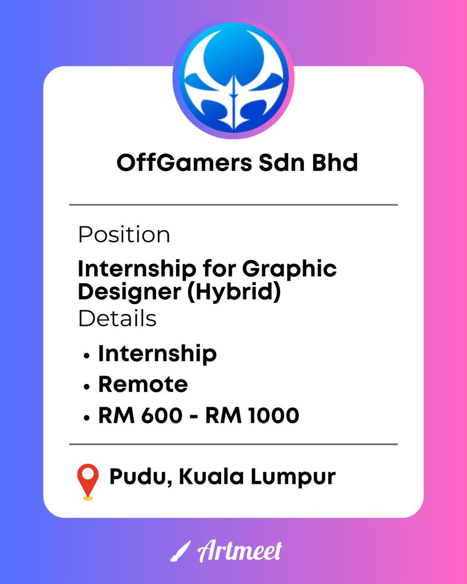 ❗OffGamers Sdn Bhd is hiring❗

📢Intern Graphic Designer
📍Pudu, Kuala Lumpur
💰RM 600 - 1k

✅artmeet.my/company/offgam…

#artmeet #graphicdesigner #hiringmalaysia #hiring #vacancy #jobs #Malaysia #designer #design #graphicdesign #internship