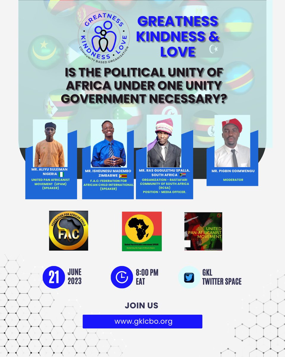 Join the discuss today onhe need for one unity governance for Africa. <a href="/GKL_CBO/">GKL CBO</a> <a href="/HillaryGondi/">hillary gondi</a> @UPAM @FAC <a href="/RCSA/">Racing Club de Strasbourg Alsace</a> <a href="/knightNyangara/">knight</a> @mwalimuwanda <a href="/rmusumba/">Rosemary Musumba</a> @drjmuruthi @Robnet7 <a href="/linetke19871919/">MAMA SAMMY</a> <a href="/1muthokinzioka/">Muthoki Nzioka</a>
