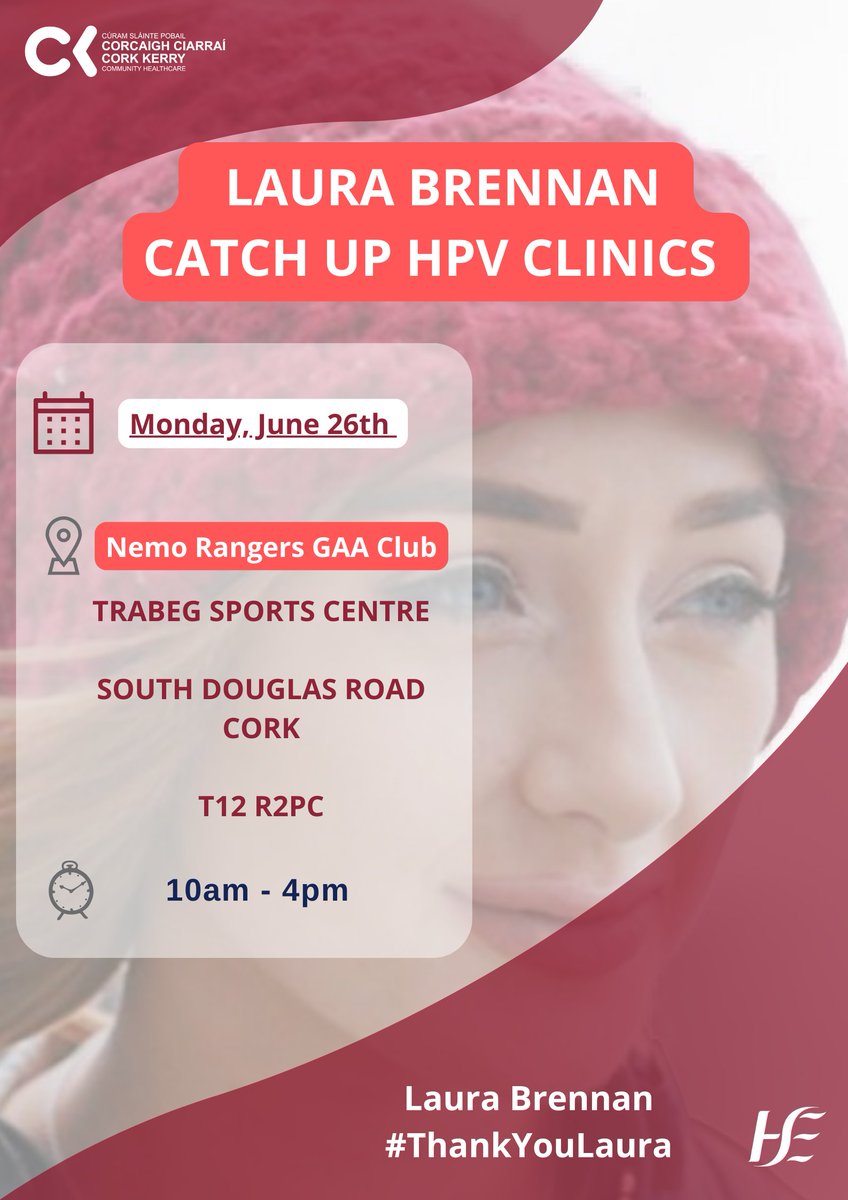 The Laura Brennan HPV vaccine catch-up clinic will be held in Nemo Rangers GAA Club on Monday, 26 June

 ℹ️ To find out if you're eligible and to book an appointment, please visit: hse.ie/eng/health/imm…

@HSELive #CKCH #ThankYouLaura