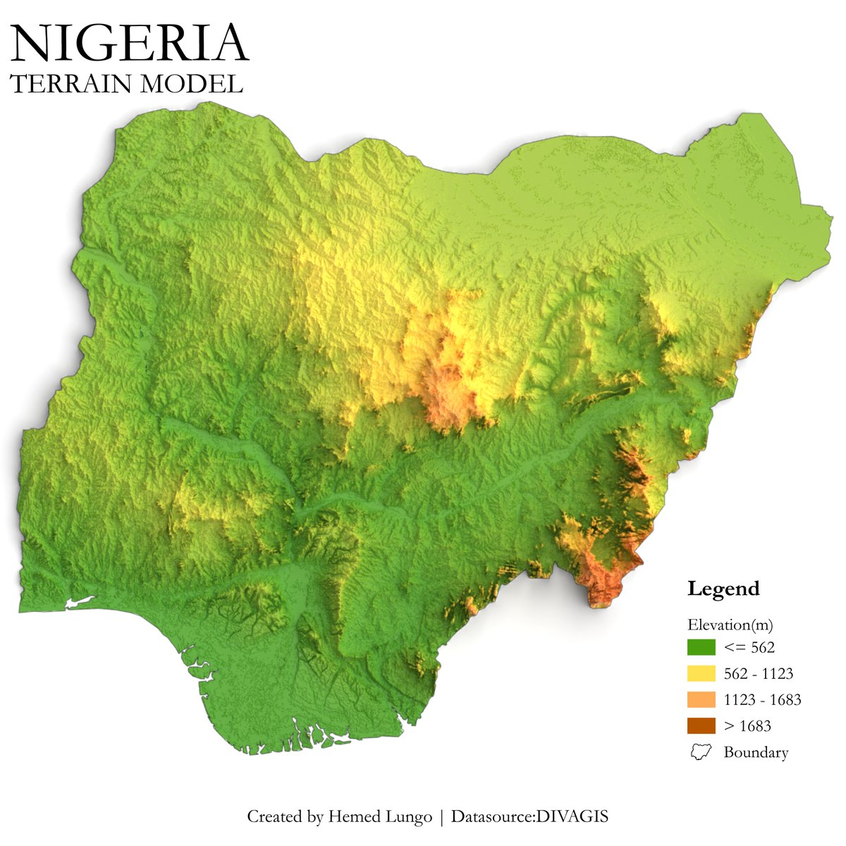 A🗺️ Map showing Terrain Model of Nigeria🇳🇬 done using #Blender and #qgis #Nigeria #gischat #b3d #geosptial