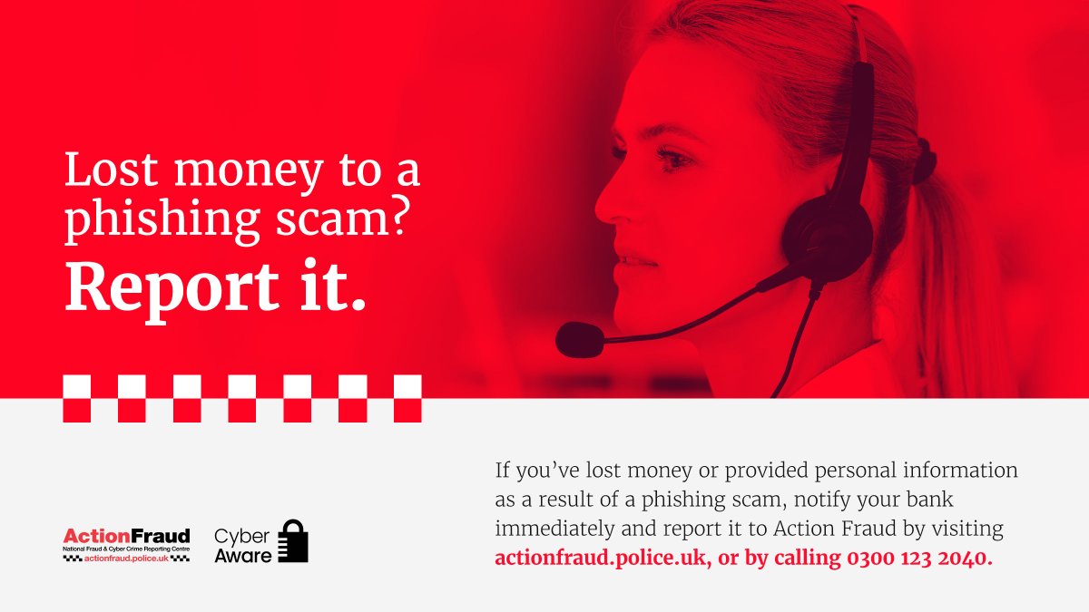 ⚠️ Lost money or revealed personal info as a result of a scam email or text? Report it to <a href="/actionfrauduk/">Report Fraud</a>

For more info on what you should if you've shared sensitive information, visit: crowd.in/K6vVL2

#ReportThePhish