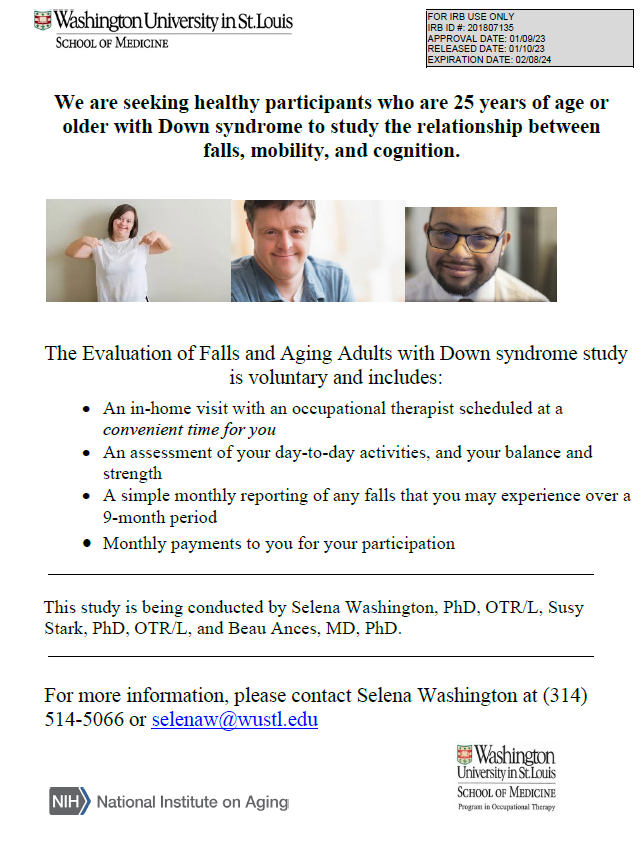 Volunteer for Health (@washuvfh) on Twitter photo A research study at #WashUMed in #STL seeks adults with #Downsyndrome. The purpose of this study is to learn more about the relationship between falls, functional mobility, and cognition in adults with Down syndrome. Email selenaw@wustl.edu or call (314) 514-5066. A research study at #WashUMed in #STL seeks adults with #Downsyndrome. The purpose of this study is to learn more about the relationship between falls, functional mobility, and cognition in adults with Down syndrome. Email selenaw@wustl.edu or call (314) 514-5066.