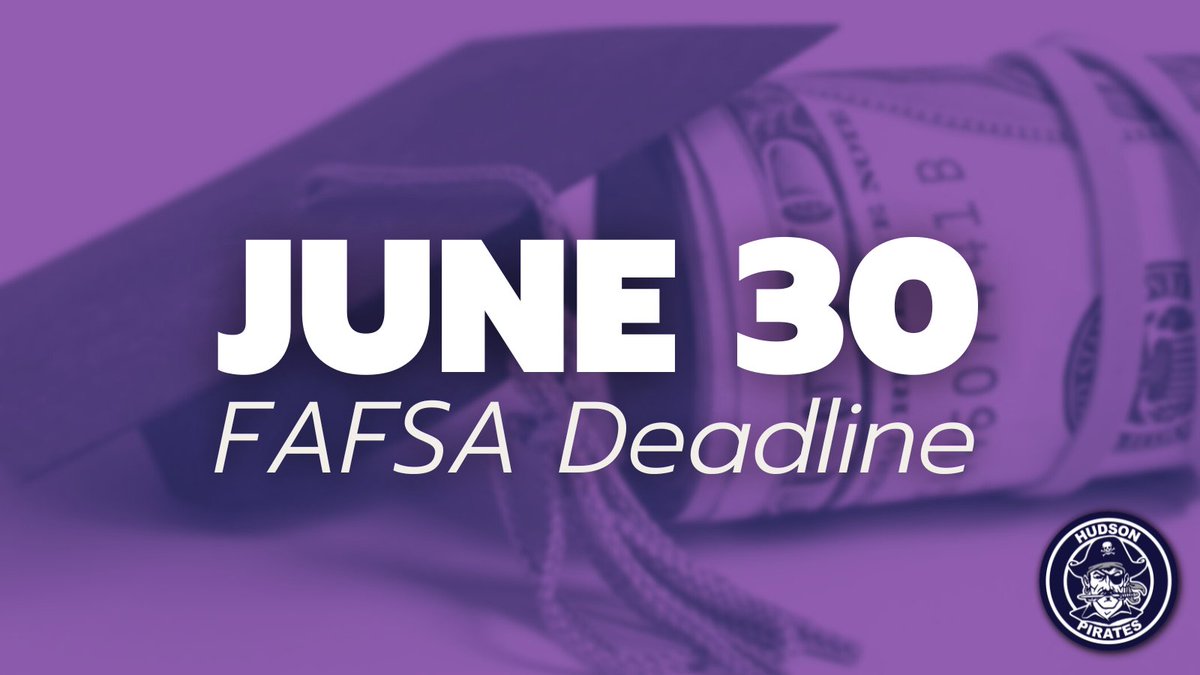 The federal student aid application deadline is quickly approaching! Submit the #FAFSA by June 30 to determine if you qualify for financial aid that can reduce the cost of higher education. #HudsonSchools #MeetingOurDestiny

Get started: fafsa.gov